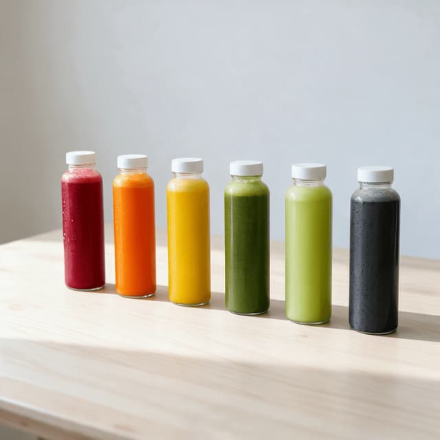 Row of six unlabelled cold pressed juice bottles in graded colours on a pale blonde wood counter