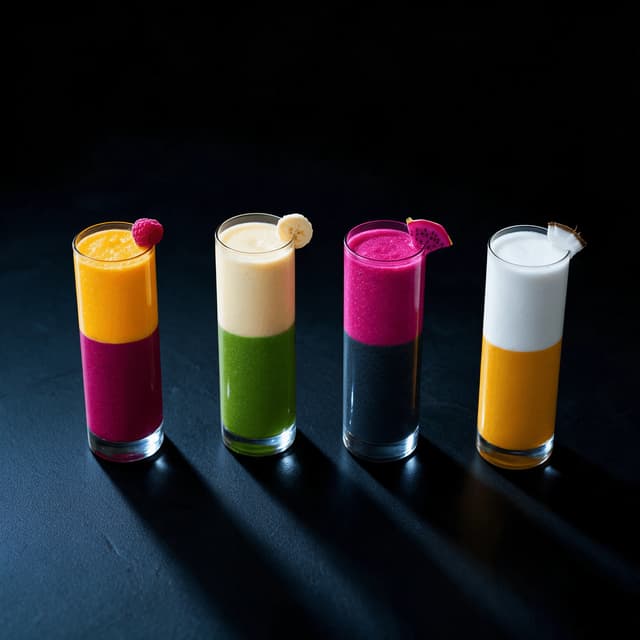 Four tall glasses of layered smoothies with crisp glowing colour bands on a jet black surface