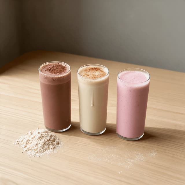 Three protein shakes in tall glasses with a loose heap of protein powder on a light oak counter