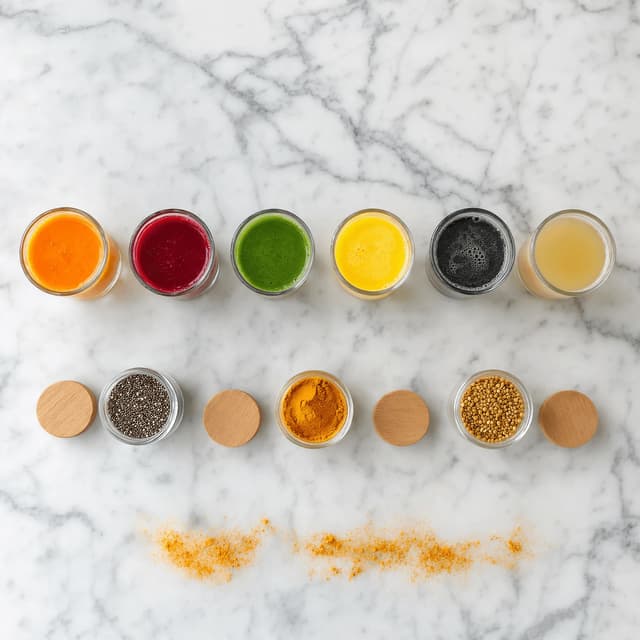 Overhead flight of six small wellness shot glasses in graded colours on veined white marble