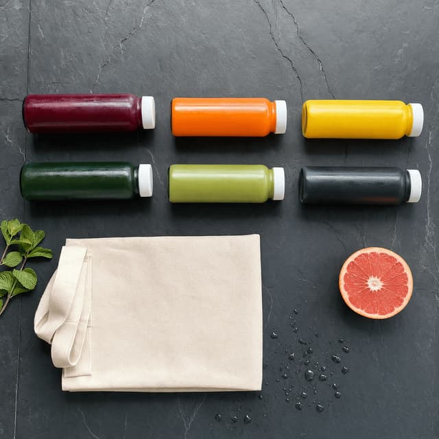 Overhead flat lay of six unlabelled juice bottles and a folded canvas tote on dark slate
