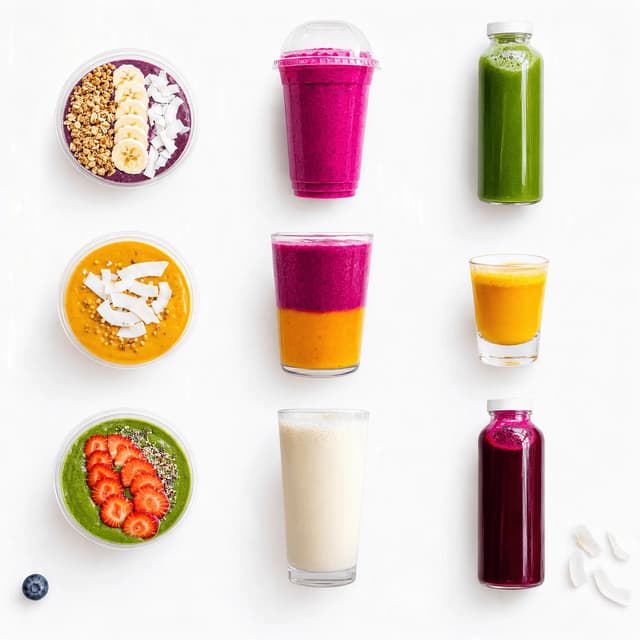 Three by three menu grid of nine juice bar drinks and bowls evenly spaced on white