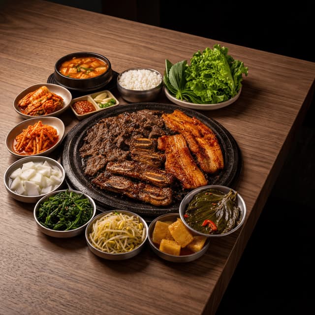 KBBQ tabletop grill galbi bulgogi samgyeopsal banchan spread dark walnut — kbbq card photography