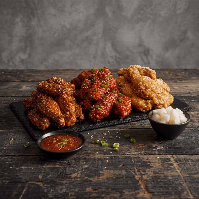 Korean fried chicken soy garlic yangnyeom honey butter double fry dark monolith — kfc card photography