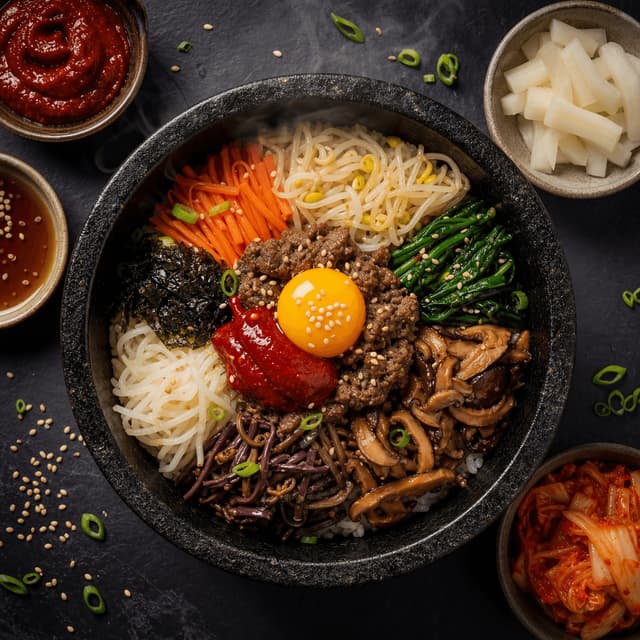 Bibimbap stone bowl dolsot egg gochujang vegetables crispy rice overhead slate — bibimbap card photography