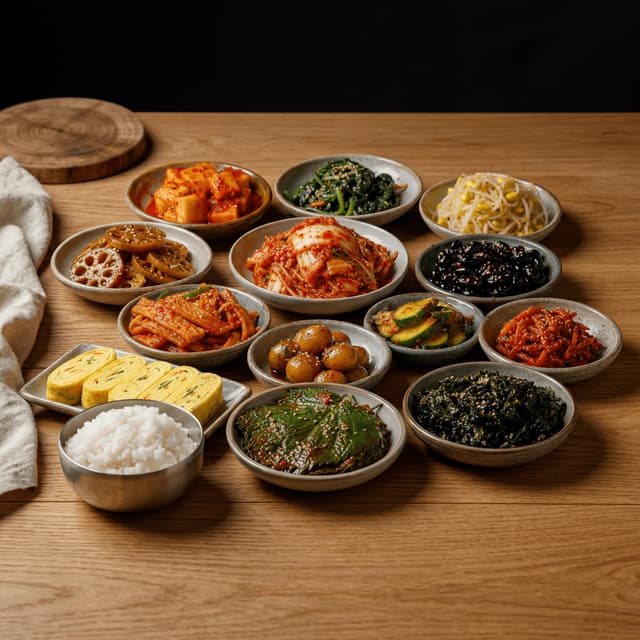 Korean banchan spread small plates kimchi spinach sprouts radish fish cake cozy warm wood — banchan card photography