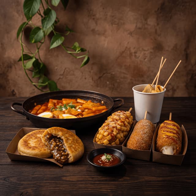 Korean street food tteokbokki corn dogs hotteok gochujang dark rustic — street food card photography