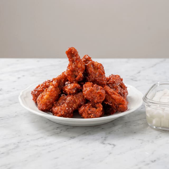 Korean fried chicken yangnyeom red glaze double fry sesame scallion plate — korean fried chicken hero photography
