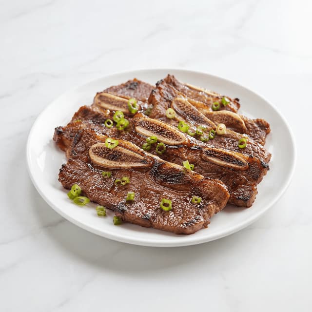 Galbi grilled marinated short ribs glossy char scallion sesame plate — galbi hero photography