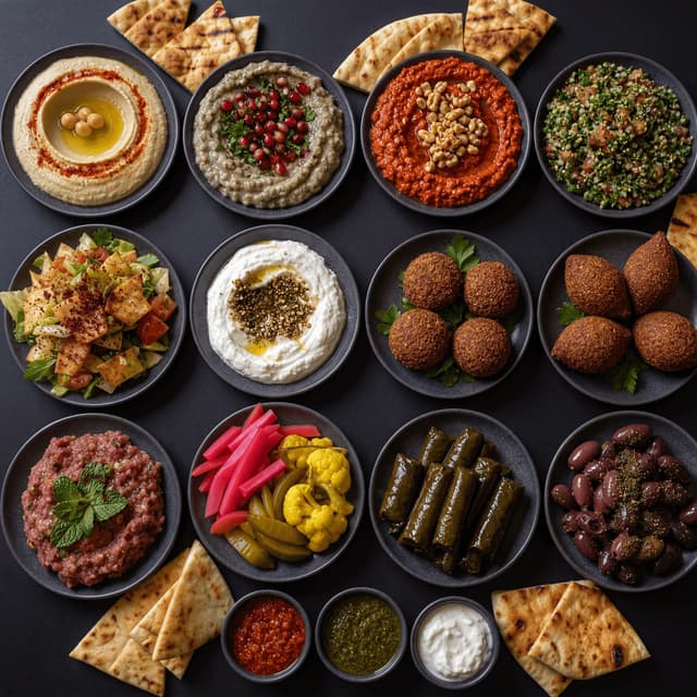 Large Lebanese mezze spread 12 plates overhead dark monolith dramatic — mezze spread card photography