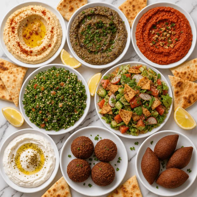 Lebanese mezze spread overhead 10 small plates hummus tabbouleh fattoush — mezze spread hero photography
