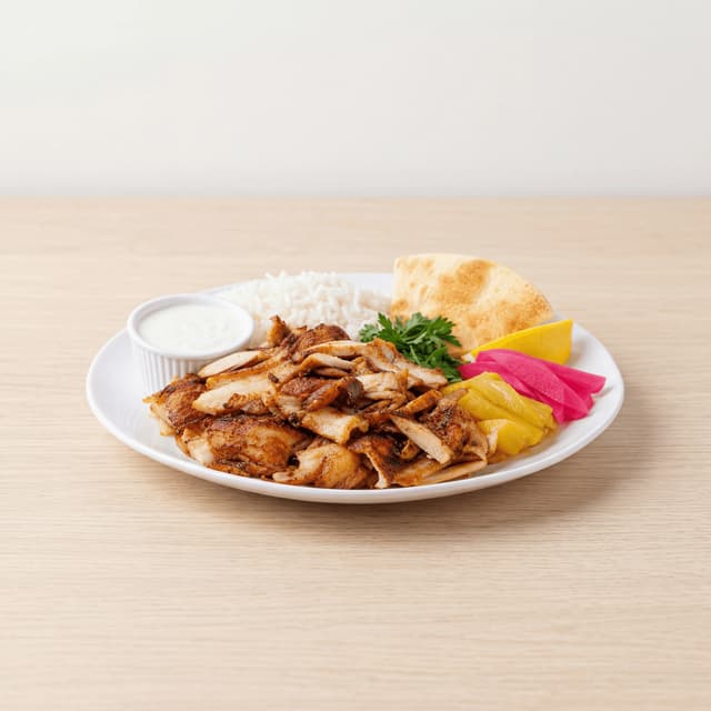 Chicken shawarma plate pita garlic toum sauce parsley pickles — shawarma hero photography