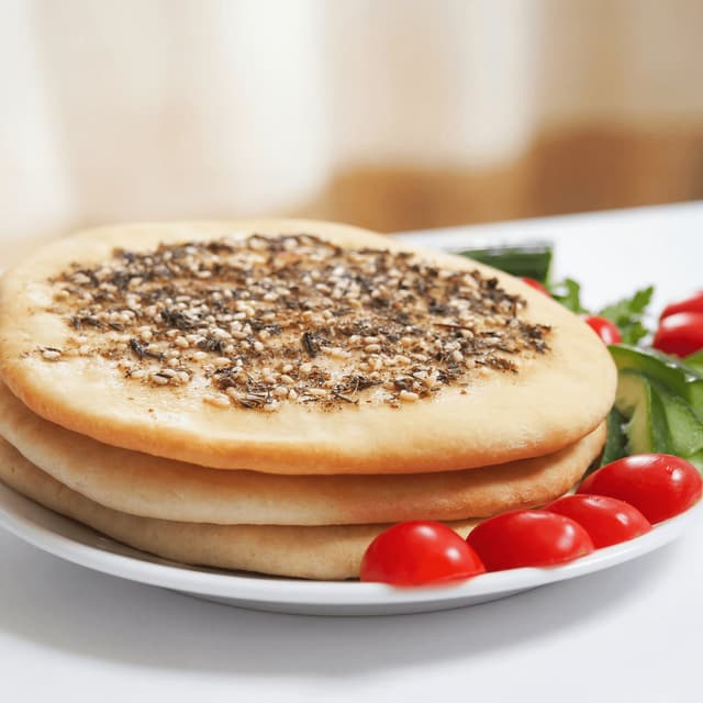 Manakish za atar flatbread olive oil zaatar herb crust open — manakish hero photography
