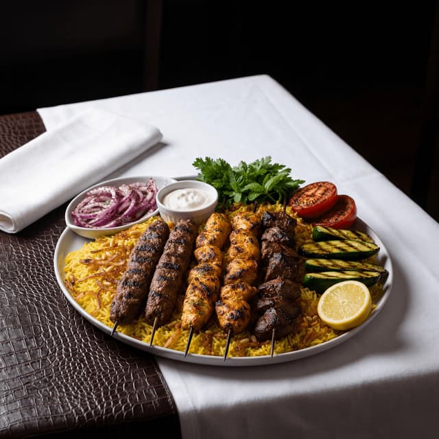 Mixed grill kebab platter kafta shish tawook sumac onion — mixed grill kebab hero photography