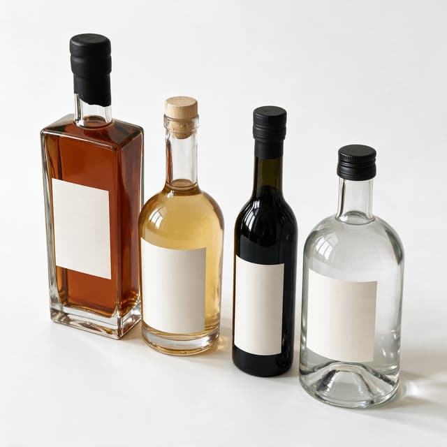 Four sealed spirit bottles lined up in a row on a clean seamless surface with even studio lighting