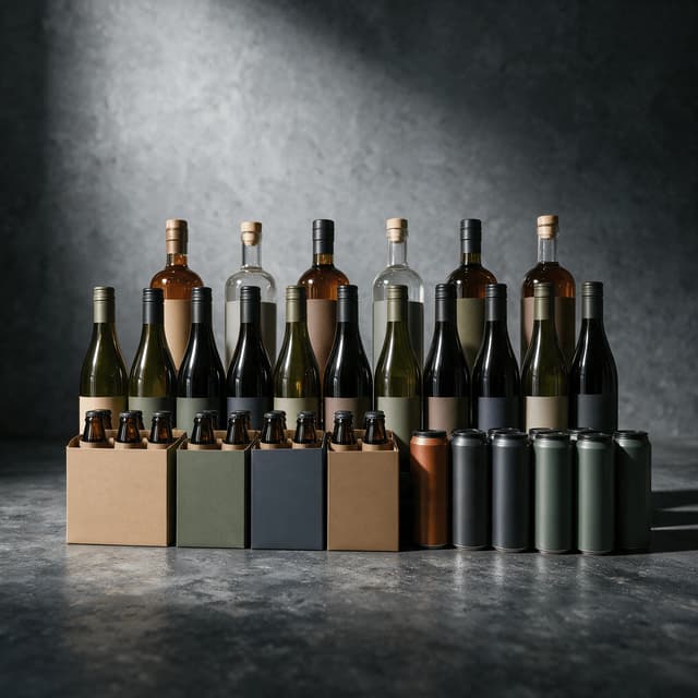 Stocked retail shelf section packed with sealed bottles and cans arranged as a curated end cap display