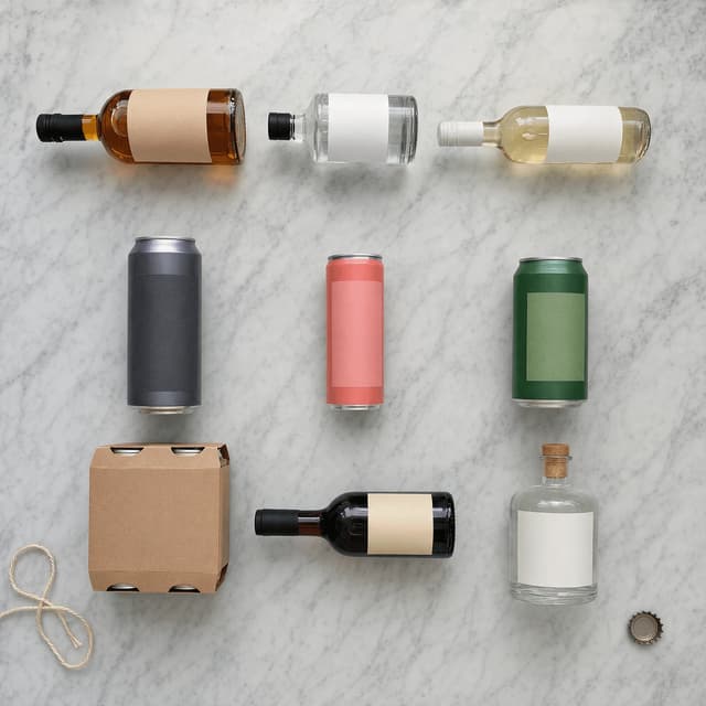 Overhead grid of nine sealed bottles and cans laid out evenly on a pale marble surface for a promotional tile