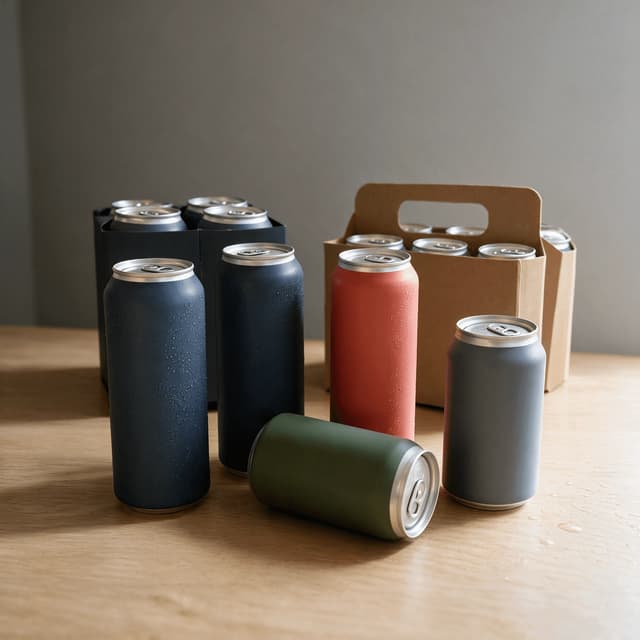 Craft beer four packs a six pack carrier and loose sealed cans grouped together on a pale oak counter
