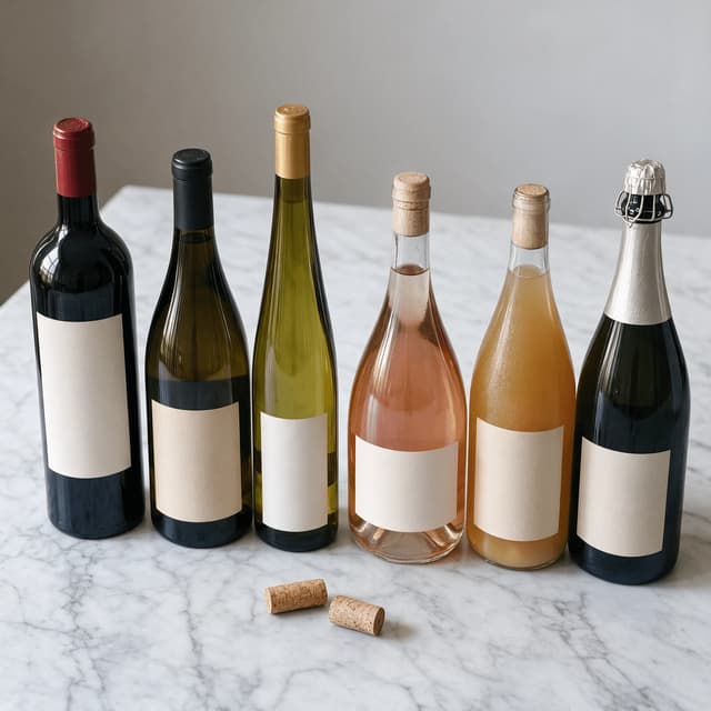 Six sealed wine bottles lined up across pale marble showing red white rose and orange wine side by side