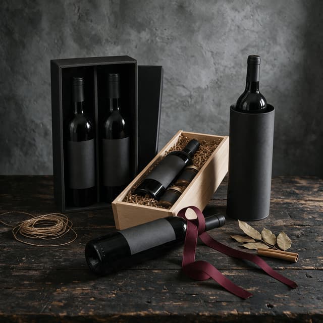 Group of wooden and card gift boxes holding sealed bottles with ribbon and dried foliage in warm golden light