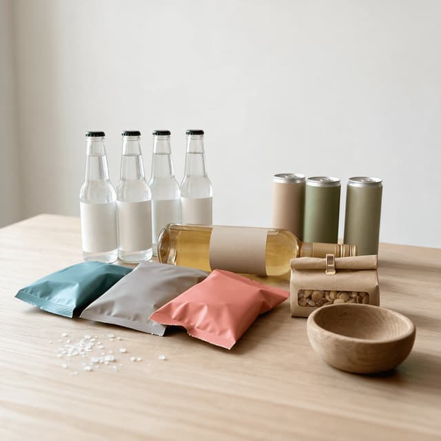 Sealed tonic bottles mixer cans and bagged snacks grouped together on a pale wood counter for a pairing spread