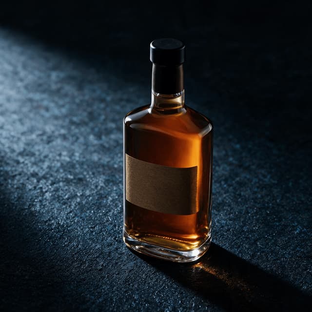 Sealed single malt whisky bottle with deep amber spirit standing alone on a dark slate shop counter
