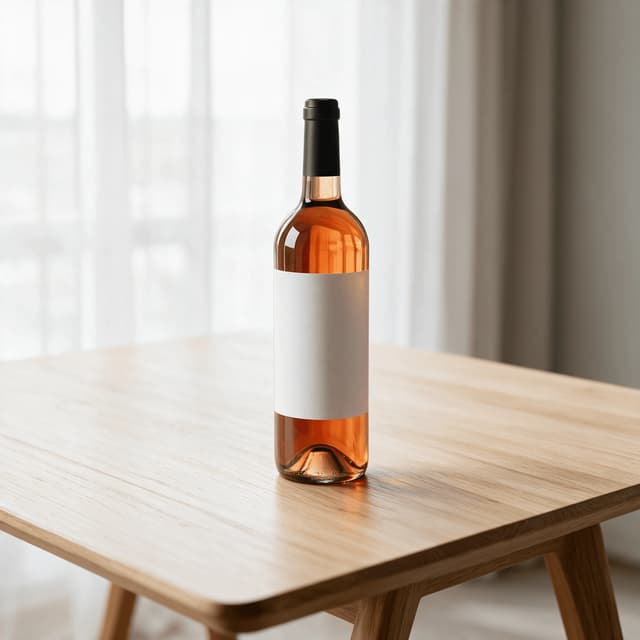 Sealed bottle of hazy orange natural wine standing upright on a pale counter in soft window daylight