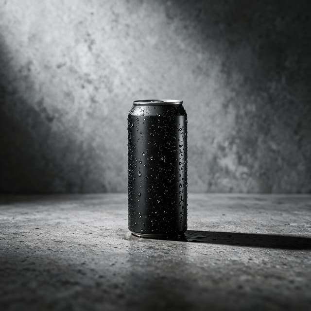 Chilled craft beer tallboy can beaded with condensation standing on a grey polished concrete surface