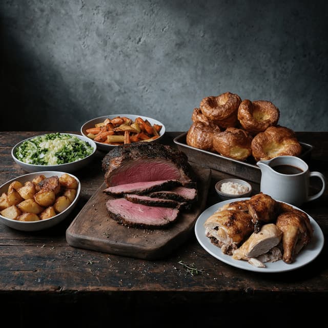 London sunday roast spread roast beef yorkshire puddings roast potatoes greens gravy jug dark wood — sunday roast card photography