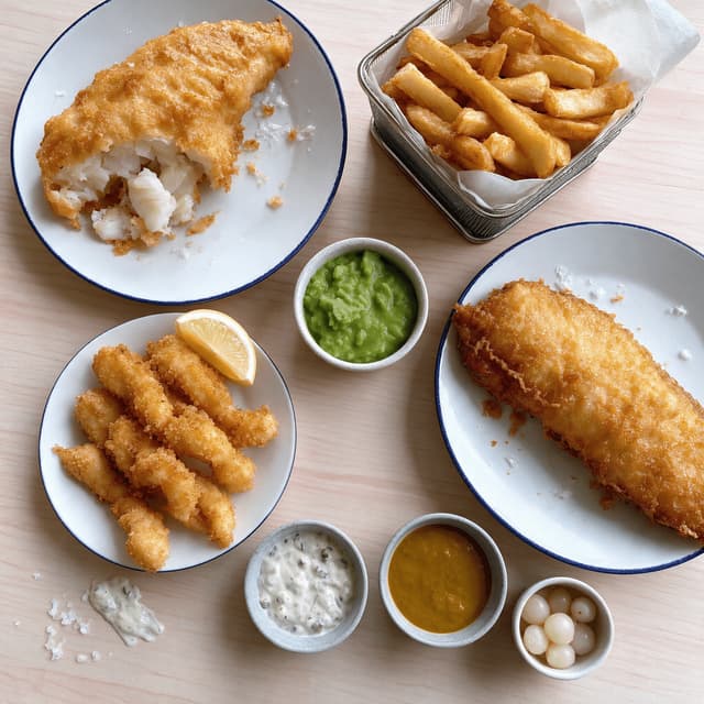 London fish and chips spread battered cod haddock scampi thick cut chips mushy peas tartare overhead light wood — fish and chips card photography