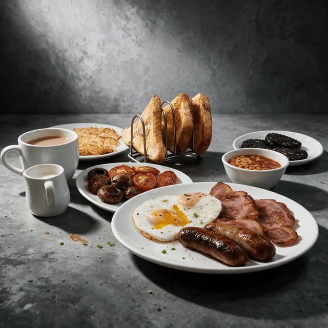 London full english breakfast spread fried eggs back bacon sausages beans black pudding grilled tomato mushrooms toast — full english card photography