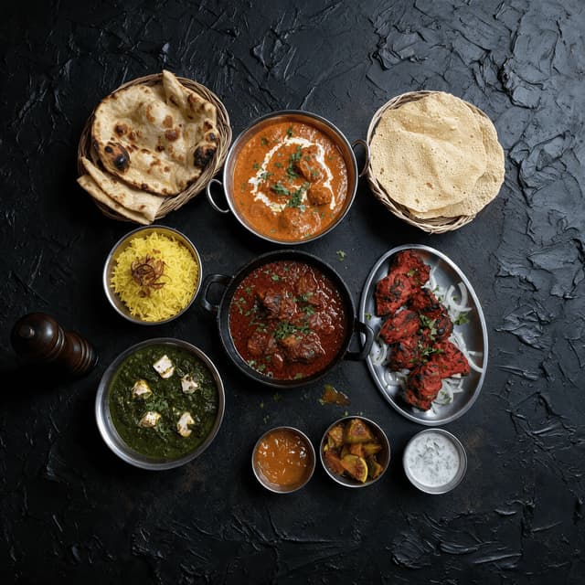 London brick lane curry house spread chicken tikka masala lamb rogan josh balti naan poppadoms pilau overhead dark stucco — curry card photography