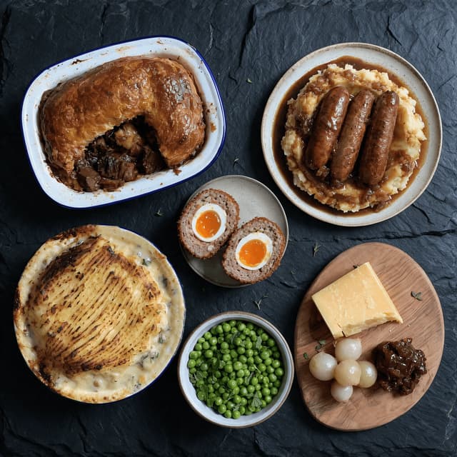 London gastropub spread steak ale pie bangers and mash scotch egg ploughmans fish pie overhead dark slate — gastropub card photography