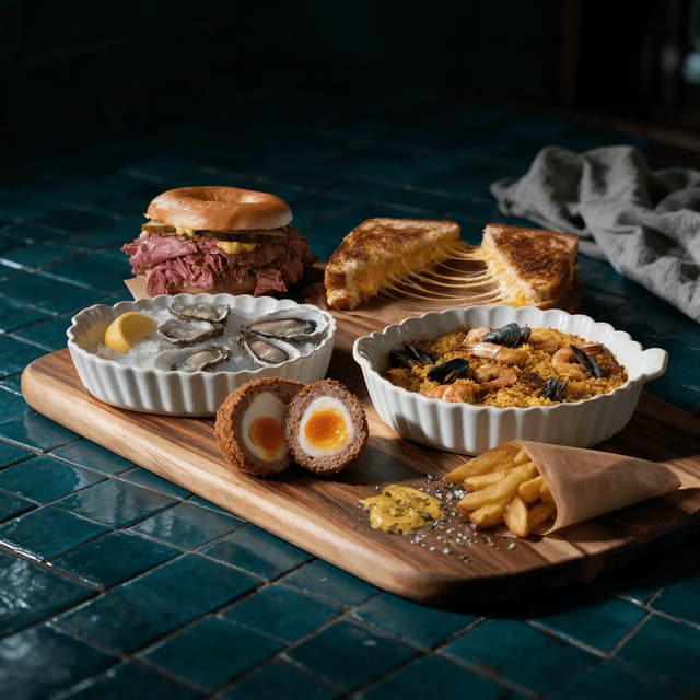 London borough market street food spread salt beef bagel raclette cheese toastie oysters paella scotch egg teal tile — street food card photography
