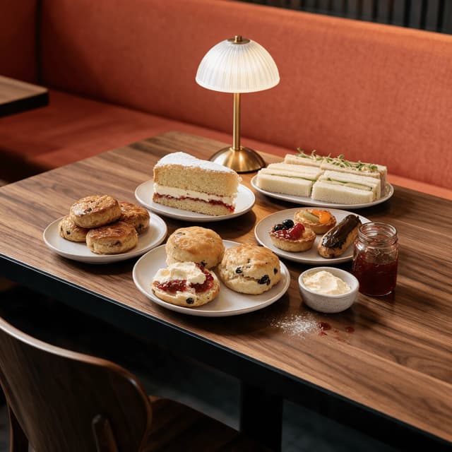 London afternoon tea bakery spread scones clotted cream jam victoria sponge eccles cakes finger sandwiches tarts — afternoon tea card photography