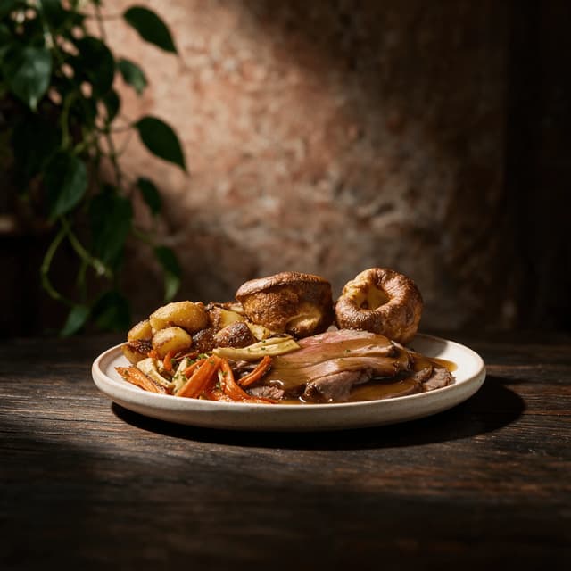 London sunday roast sliced roast meat pink centre risen yorkshire puddings craggy roast potatoes carrots parsnips gravy gastropub — sunday roast hero photography