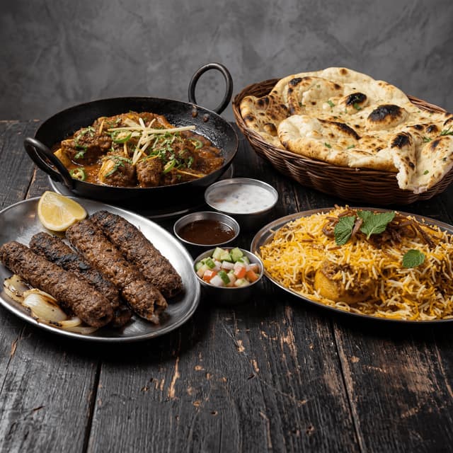 Curry-Mile-Auswahl, Karahi, Seekh-Kebab, Biryani, Naan, Rusholme Manchester, dunkel, handwerklich – Curry-Card-Fotografie