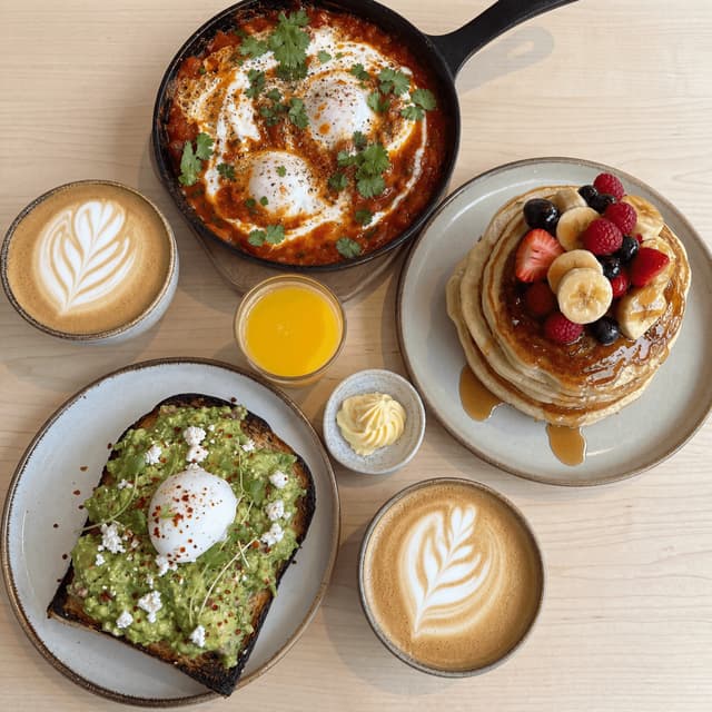 Northern Quarter Brunch, Avocado-Toast, Shakshuka, Pancakes, Flat White, Overhead, helles Holz, Manchester – Brunch-Card-Fotografie