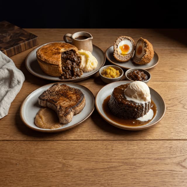 Gastropub-Auswahl, Steak & Ale Pie, Scotch Egg, Sticky Toffee Pudding, gemütliches dunkles Holz, Manchester – Gastropub-Card-Fotografie