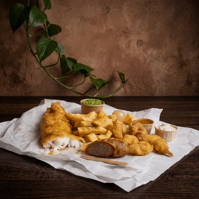Chippy-Auswahl, panierter Kabeljau, Scampi, Currysauce, Mushy Peas, Chips, dunkel-rustikal, Manchester – Chippy-Card-Fotografie