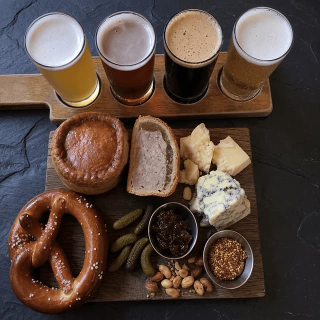 Craft-Beer-Flight, Taproom-Board, Pork Pie, Käse, Brezel, dunkler Schiefer, Overhead, Manchester – Taproom-Card-Fotografie