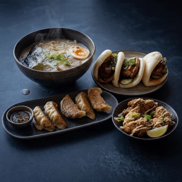 New-Wave-Auswahl, Bao, Ramen, Gyoza, Karaage, dunkler Schiefer, dramatisch, Manchester – New-Wave-Card-Fotografie