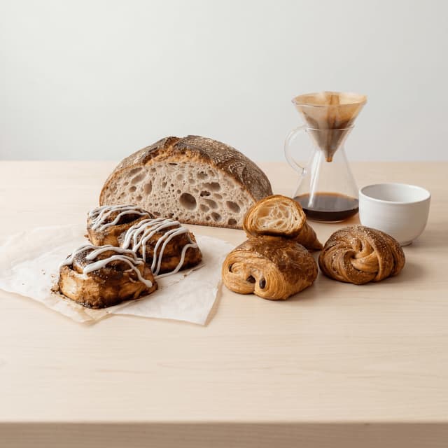 Handwerksbäckerei, Sauerteigbrot, Zimtschnecken, Croissants, Pour-Over-Kaffee, helles Holz, Manchester – Bäckerei-Card-Fotografie