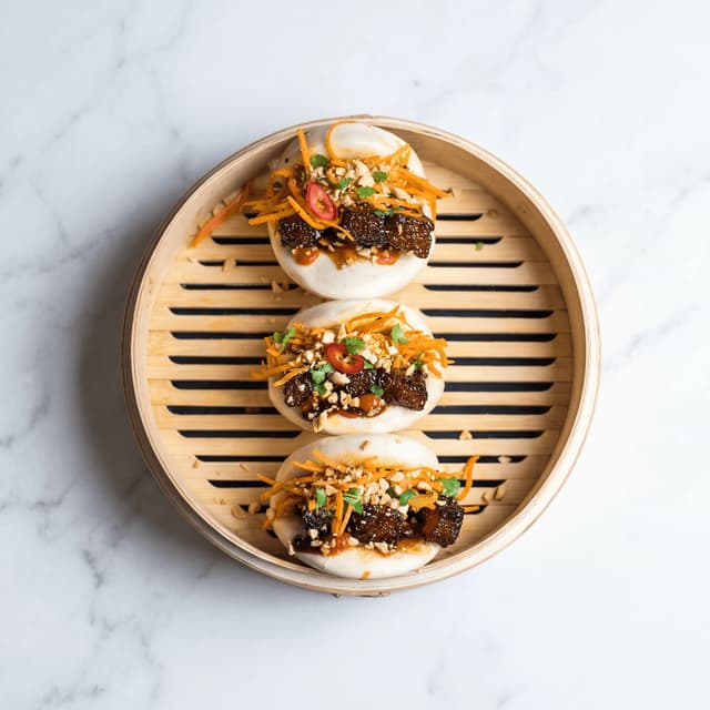 Schweinebauch-Bao-Buns, glänzendes Hoisin, Frühlingszwiebel, Sesam, gedämpft, Manchester New Wave – Bao-Hero-Fotografie