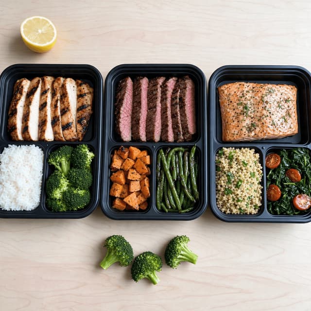 Three open black meal prep containers holding chicken and rice, steak with sweet potato, and salmon with greens shot from above on pale wood