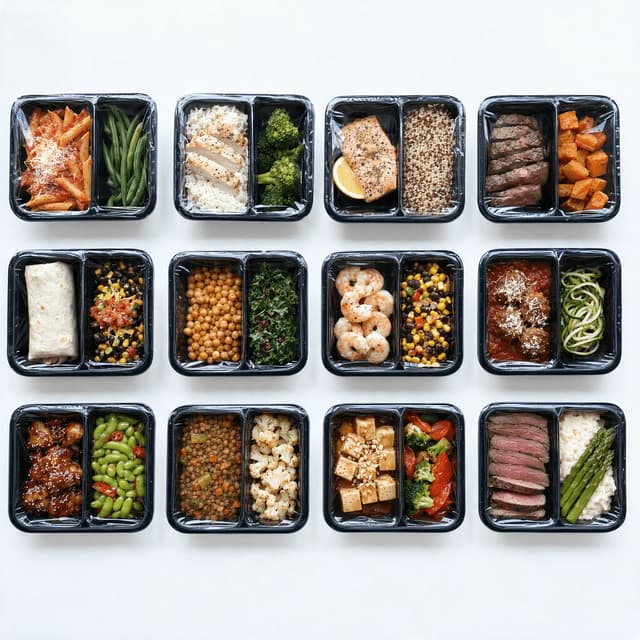 Twelve sealed meal prep containers with clear film lids arranged in a four by three grid photographed from directly overhead on a white surface