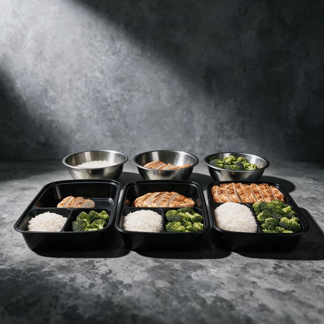 The same chicken rice and broccoli meal portioned into three open containers at small medium and large sizes with component ingredients in small bowls