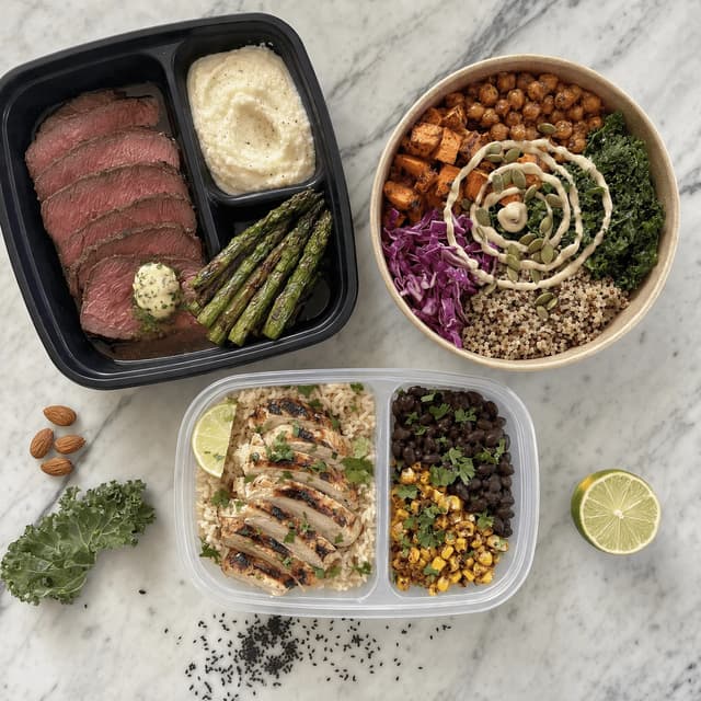 Three open meal prep containers holding a keto beef and cauliflower meal a vegan chickpea bowl and a gluten free chicken and rice meal on white marble