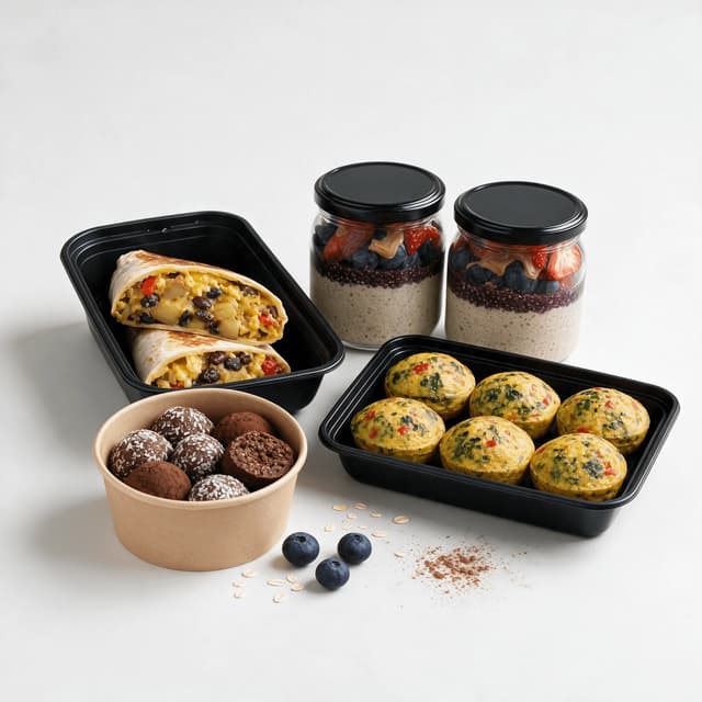A breakfast burrito tray two overnight oats jars baked egg bites and protein balls arranged together on a clean neutral surface