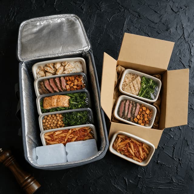 An open insulated cooler tote with a foil lining packed with sealed meal prep containers and gel ice packs beside a plain unbranded kraft delivery box holding more containers, shot from above on dark slate